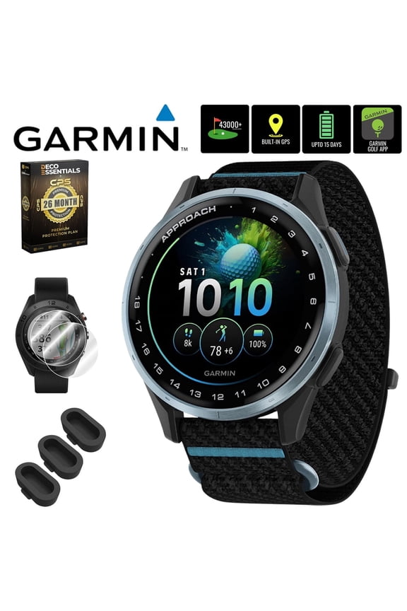 Approach J1 Cloud Blue Aluminum Bezel with Black/Azure ComfortFit Fabric Band 010-03898-00 Bundle with 26‑Month Protection Plan, 3x Deco Essentials Silicone Dust Cover and 2x Screen Prot
