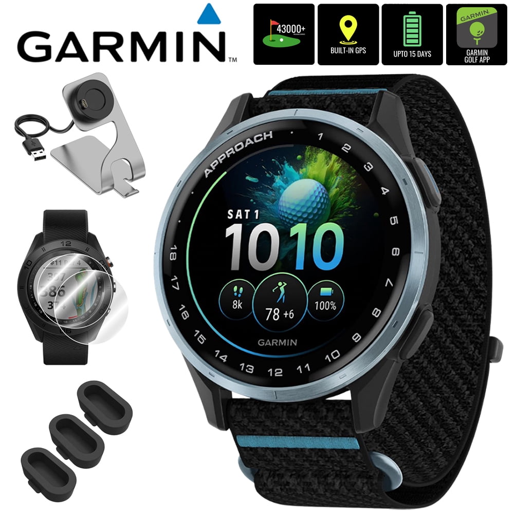 Garmin Approach J1 Cloud Blue Aluminum Bezel with Black/Azure ComfortFit Fabric Band 010-03898-00 Bundle with Deco Essentials Charging Dock, 3x Silicone Dust Cover and 2x 1.2 Inch Screen Protector