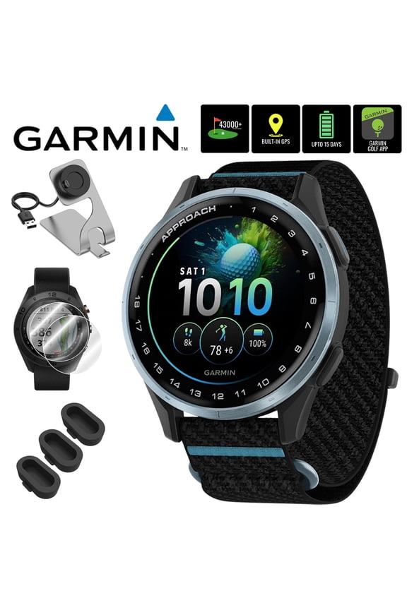 Approach J1 Cloud Blue Aluminum Bezel with Black/Azure ComfortFit Fabric Band 010-03898-00 Bundle with Deco Essentials Charging Dock, 3x Silicone Dust Cover and 2x 1.2 Inch Screen Protector