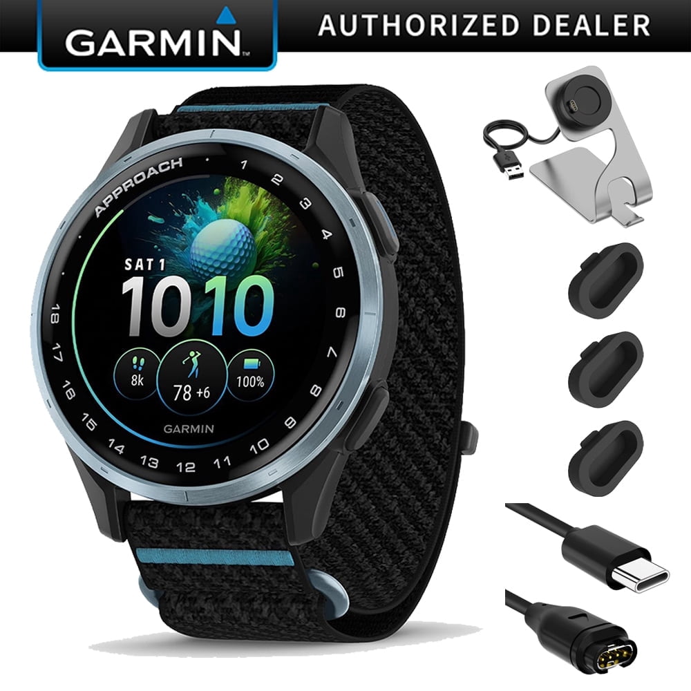 Garmin Approach J1 Cloud Blue Aluminum Bezel with Black Azure ComfortFit Fabric Band 010-03898-00 with Deco Essentials Charging Dock Silicone Dust Cover 3 Pack and USB C Charging Sync Cable Bundle