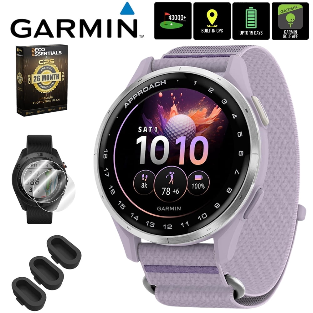 Garmin Approach J1 Silver Aluminum Bezel with Lilac ComfortFit Fabric Band 010-03898-10 Bundle with 26‑Month Protection Plan, 3x Deco Essentials Silicone Dust Cover and 2x Screen Protector