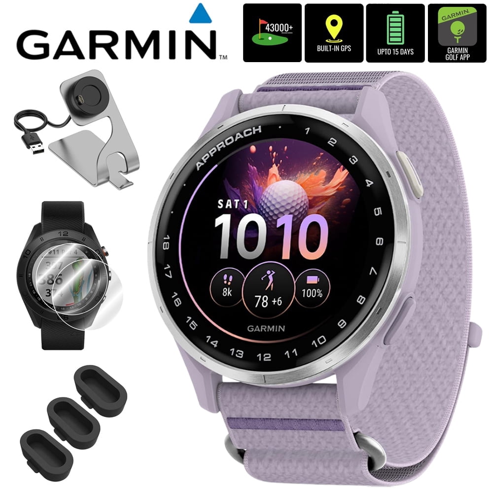 Garmin Approach J1 Silver Aluminum Bezel with Lilac ComfortFit Fabric Band 010-03898-10 Bundle with Deco Essentials Charging Dock, 3x Silicone Dust Cover and 2x 1.2 Inch Screen Protector
