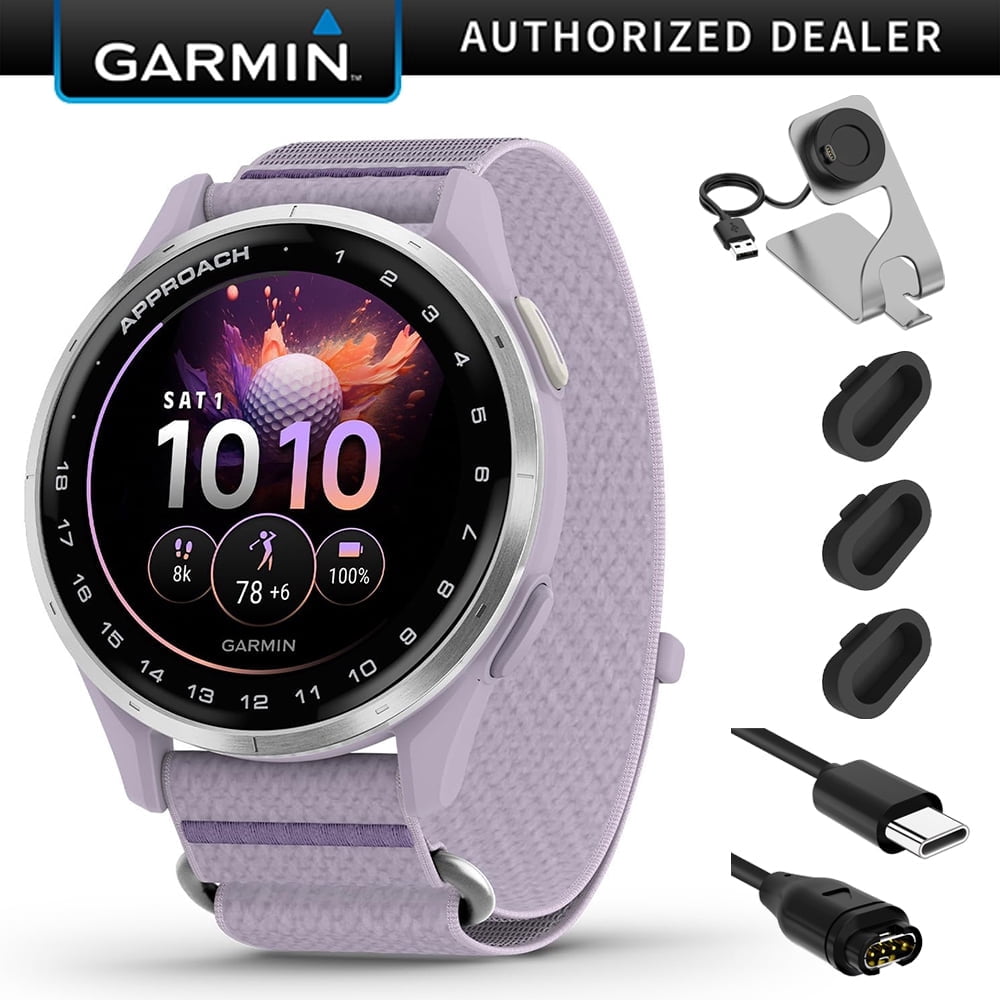 Garmin Approach J1 Silver Aluminum Bezel with Lilac ComfortFit Fabric Band 010-03898-10 with Deco Essentials Charging Dock Silicone Dust Cover 3 Pack and USB C Charging Sync Cable Bundle