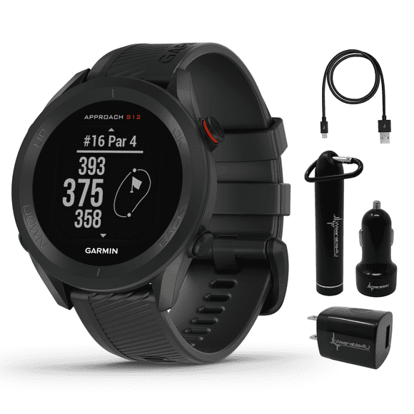 Garmin Approach S12 Premium GPS Golf Watch, Black with Wearable4U Power Pack Bundle
