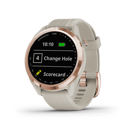Garmin Approach S42, GPS Golf Smartwatch, Lightweight with 1.2" Touchscreen, 42k+ Preloaded Courses, Rose Gold Ceramic Bezel and Tan Silicone Band, 010-02572-12
