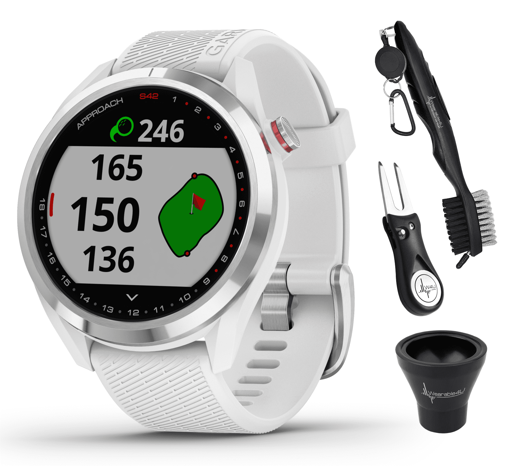 Garmin Approach S42 Premium GPS Golf Watch, Polished Silver Ceramic Bezel  with White Silicone Band and Wearable4U All-In-One Golf Tools Bundle