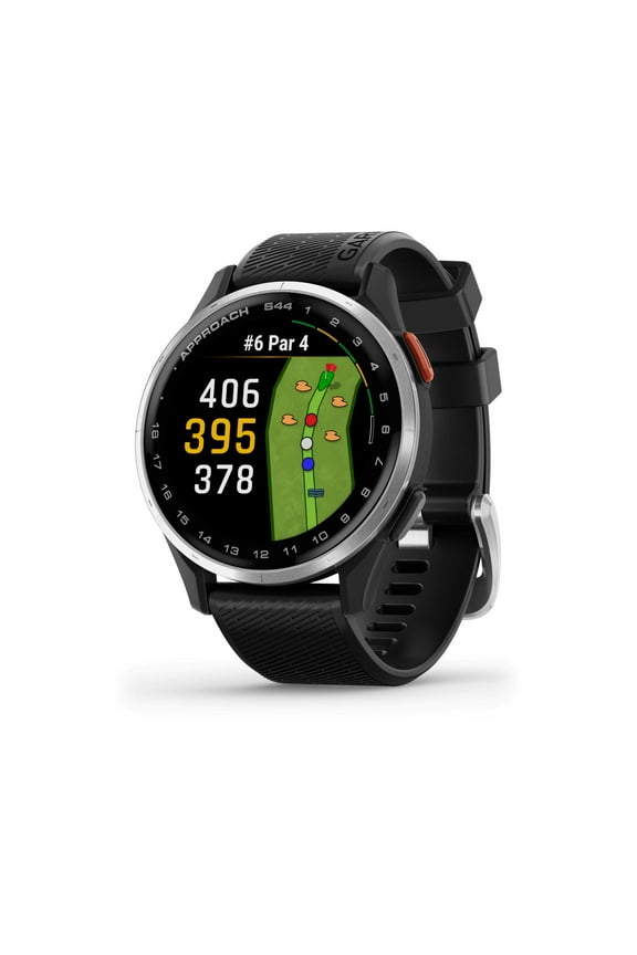 Approach S44, Essential Golf GPS Smartwatch, AMOLED Display, On-Course Features, Silver Aluminum Bezel with Black Silicone Band