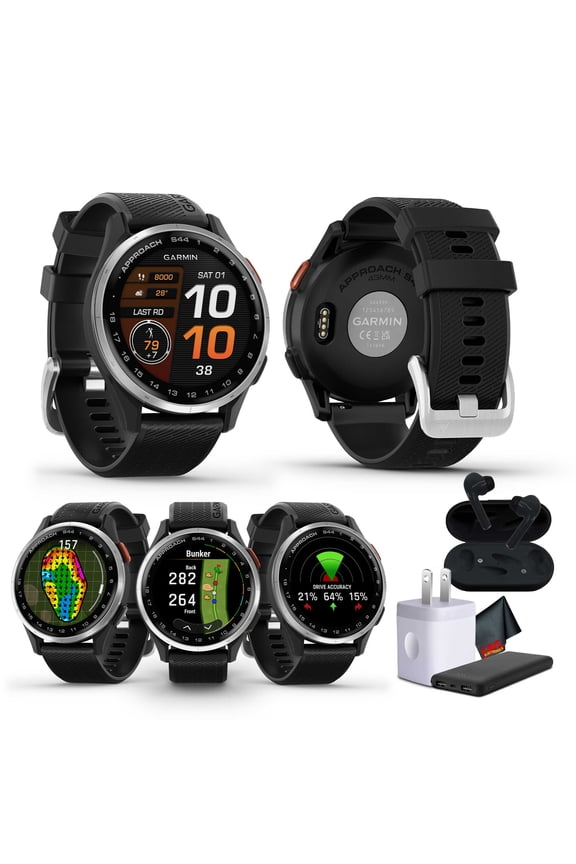 Approach S44 Essential Golf Watch with GPS, AMOLED Display, Sports and Fitness Smartwatch, Silver Aluminum Bezel with Black Silicone Band with Wireless Air Buds