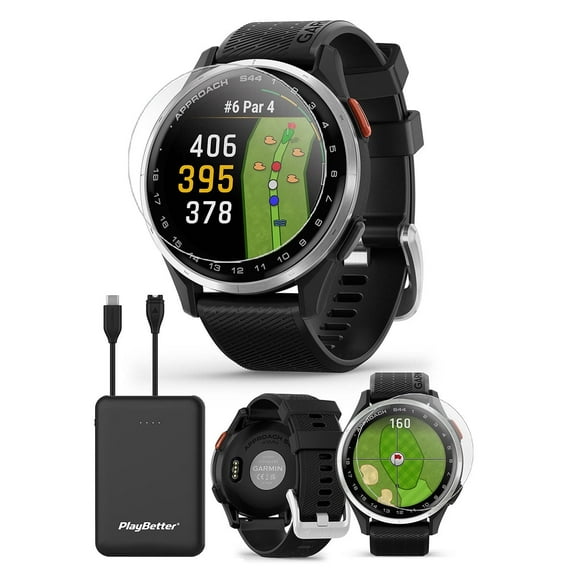 Garmin Approach S44 (Silver/Black) Golf GPS Smartwatch Bundle with PlayBetter Screen Protectors & 5000mAh Portable Charger