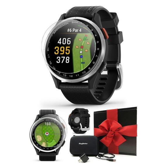 Garmin Approach S44 (Silver/Black) Golf GPS Smartwatch Bundle with PlayBetter Screen Protectors, Wall Adapter & Hard Case