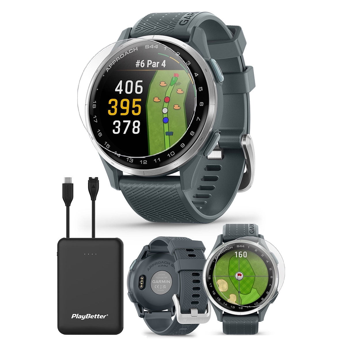 Garmin Approach S44 (Silver/Twilight) Golf GPS Smartwatch Bundle with PlayBetter Screen Protectors & 5000mAh Portable Charger