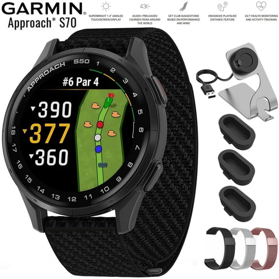 Garmin Approach S50 Advanced Golf GPS Smartwatch AMOLED Display On-Course Features 010-03010-00 Bundle with Deco Essentials 20mm Milanese Band 3 Pack, Charging Dock and Silicone Dust Cover 3 Pack