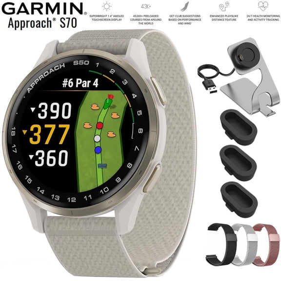 Garmin Approach S50 Advanced Golf GPS Smartwatch AMOLED Display On-Course Features 010-03010-01 Bundle with Deco Essentials 20mm Milanese Band 3 Pack, Charging Dock and Silicone Dust Cover 3 Pack