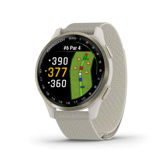 Garmin Approach S50, Advanced Golf GPS Smartwatch, AMOLED Display, On-Course Features, Wrist-Based Heart Rate, Cream Gold Aluminum Bezel with Ivory ComfortFit Nylon Band