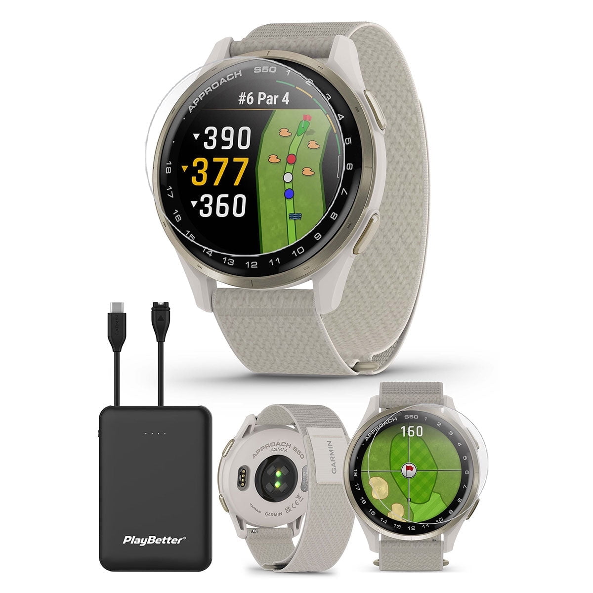 Garmin Approach S50 (Cream Gold/Ivory) Golf GPS Smartwatch Bundle with PlayBetter Screen Protectors & 5000mAh Portable Charger