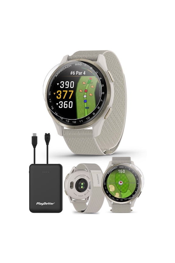 Garmin Approach S50 (Cream Gold/Ivory) Golf GPS Smartwatch Bundle with PlayBetter Screen Protectors & 5000mAh Portable Charger