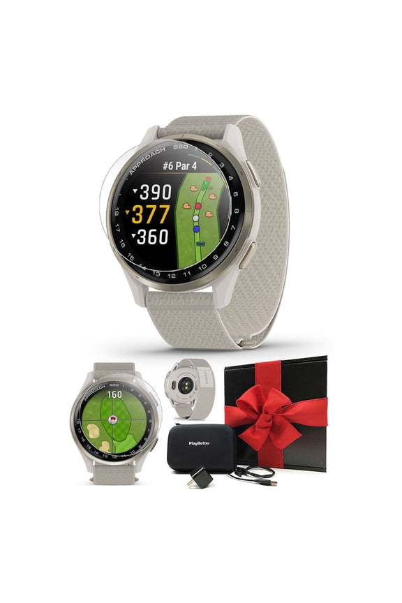 Garmin Approach S50 (Cream Gold/Ivory) Golf GPS Smartwatch Bundle with PlayBetter Screen Protectors, Wall Adapter & Hard Case