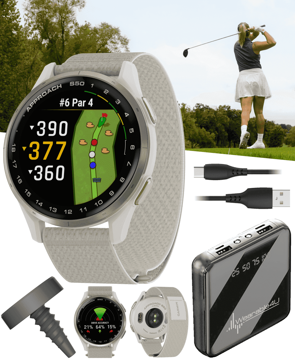Garmin Approach S50 Golf GPS Smartwatch Cream Gold Aluminum Bezel with Ivory ComfortFit Nylon Band, CT1 Club Tracking Tags with Wearable4U Power Bank Bundle