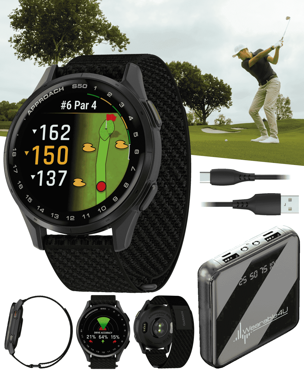 Garmin Approach S50 Golf GPS Smartwatch Slate Aluminum Bezel with Black ComfortFit Nylon Band with Wearable4U Power Bank Bundle