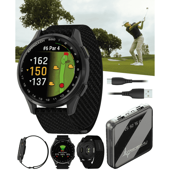 Garmin Approach S50 Golf GPS Smartwatch Slate Aluminum Bezel with Black ComfortFit Nylon Band with Wearable4U Power Bank Bundle