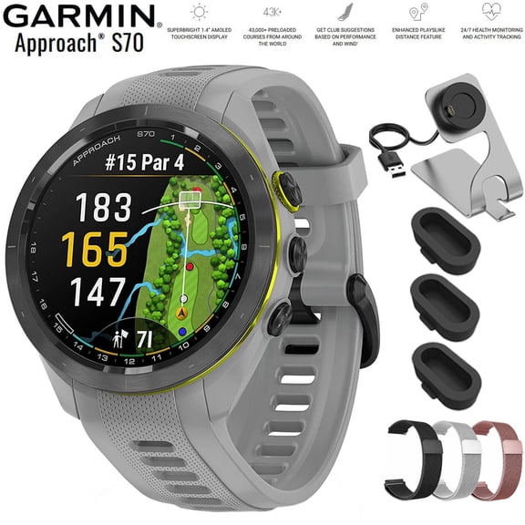 Garmin Approach S70 42 mm Premium GPS Golf Watch Powder Grey Band 010-02746-01 Bundle with Deco Essentials 20mm Milanese Band 3 Pack, Charging Dock and Silicone Dust Cover 3 Pack