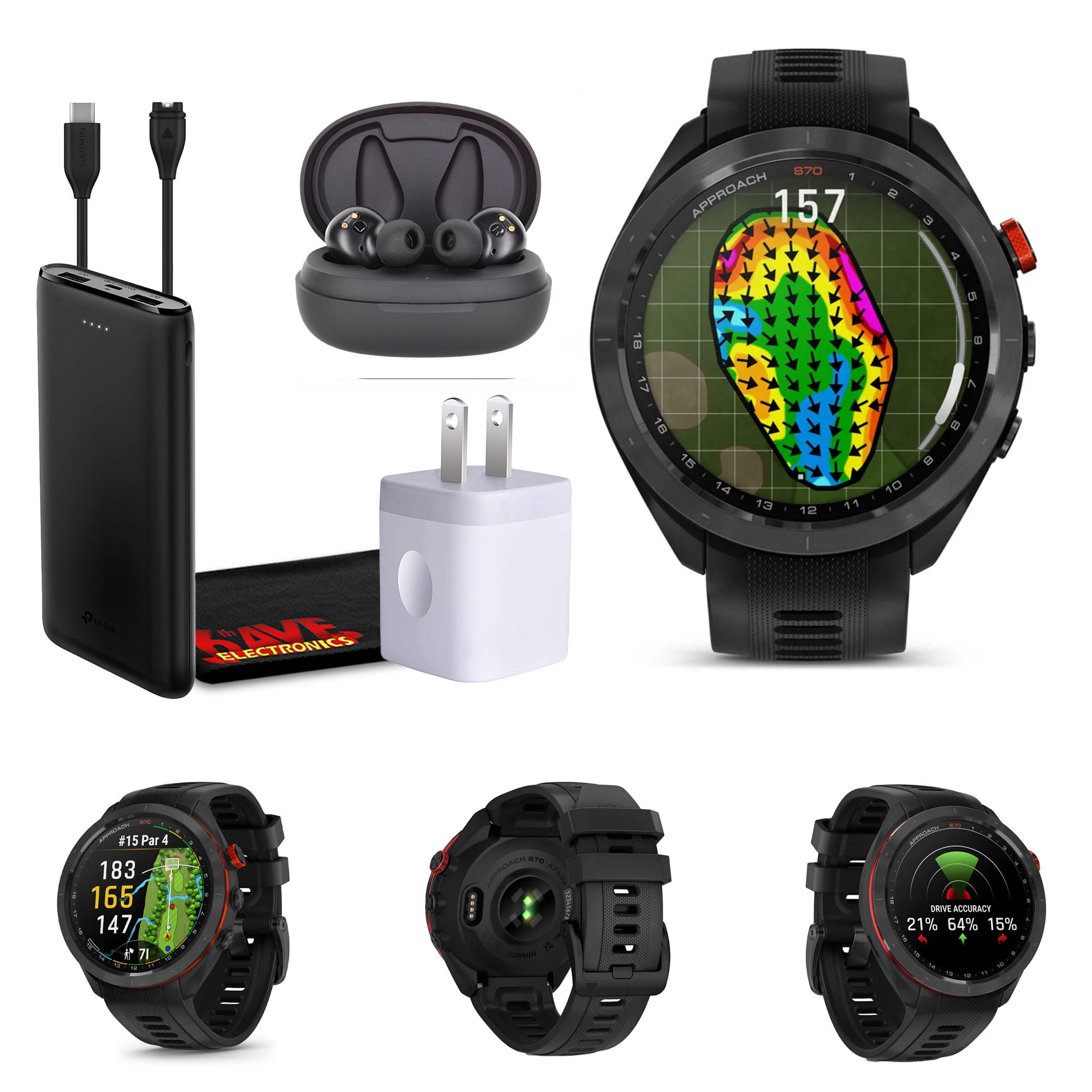 Garmin Approach S70 47mm Golf GPS Smartwatch for Men, Black, AMOLED Touchscreen, Preloaded Courses, Fitness Tracker Bundle with Wireless Earbuds