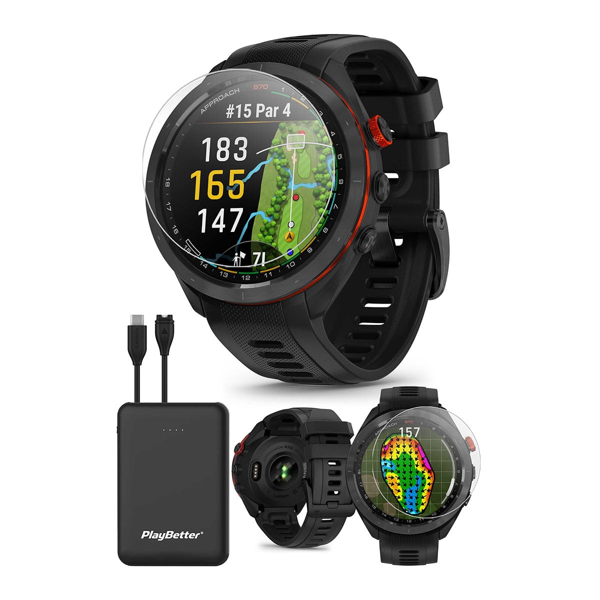 Garmin Approach S70 (Black, 47mm) Golf GPS Watch Bundle with PlayBetter  Screen Protectors & Portable Charger