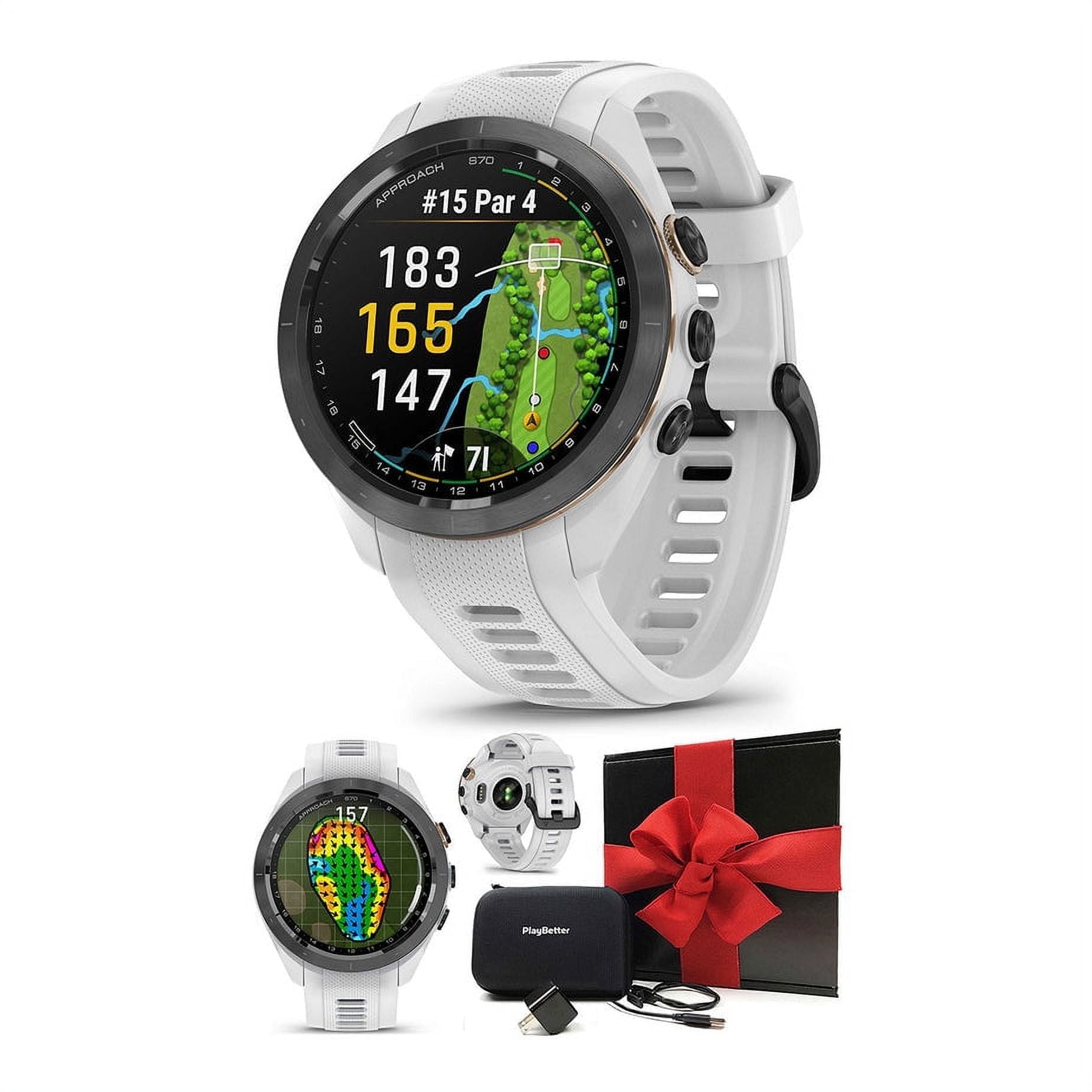 Garmin Approach S70 (White, 42mm) Golf GPS Watch Gift Box Bundle with PlayBetter Wall Adapter & Hard Case