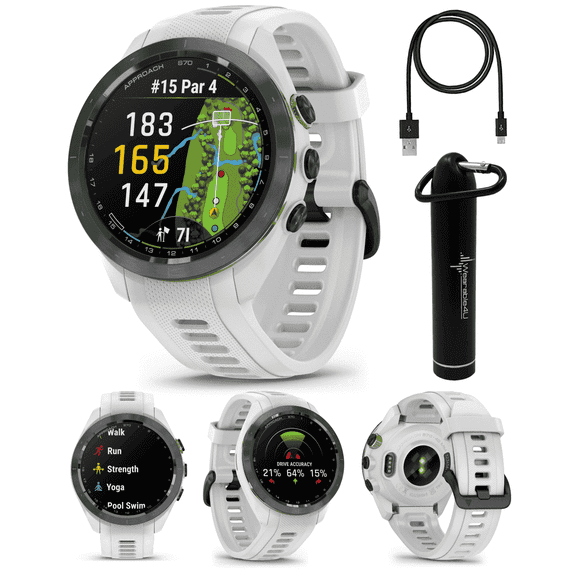 Garmin Approach S70, White (42mm) Premium Golf GPS Watch, 43,000+ Full-color CourseView Maps with Wearable4U Power Bank Bundle