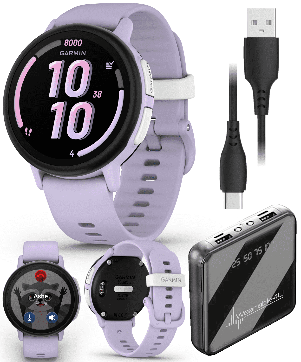 Garmin Bounce 2 Kids Smartwatch with LTE – Two-Way Calling, Text Messaging, Real-Time GPS Tracking, Swim-Friendly AMOLED Display, Music, Light Purple w/Wearable4U PowerBank Bundle