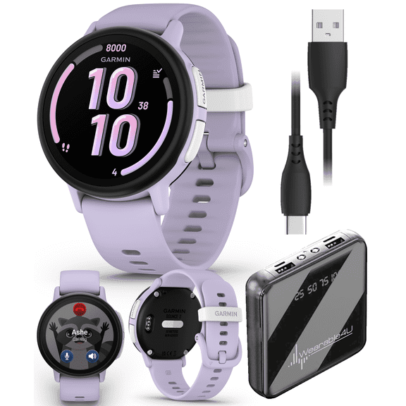 Garmin Bounce 2 Kids Smartwatch with LTE  Two-Way Calling, Text Messaging, Real-Time GPS Tracking, Swim-Friendly AMOLED Display, Music, Light Purple w/Wearable4U PowerBank Bundle