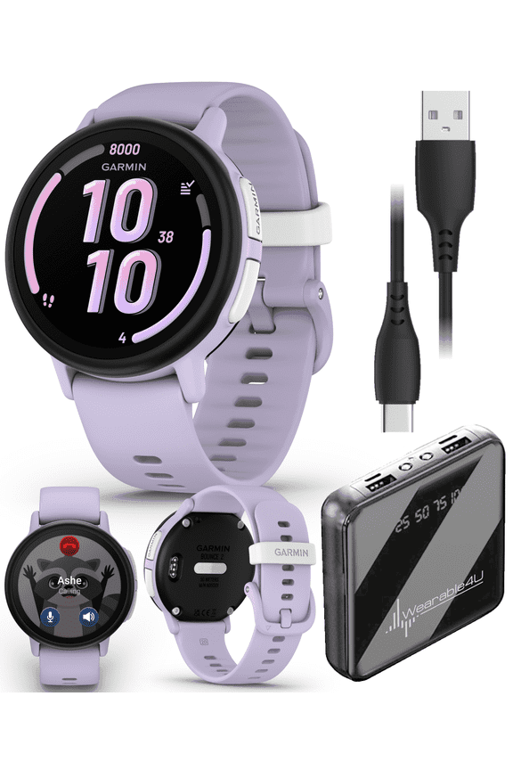 Garmin Bounce 2 Kids Smartwatch with LTE  Two-Way Calling, Text Messaging, Real-Time GPS Tracking, Swim-Friendly AMOLED Display, Music, Light Purple w/Wearable4U PowerBank Bundle