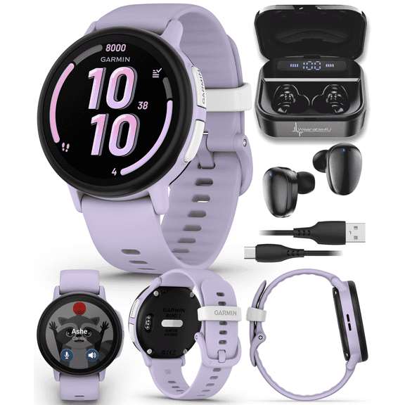 Garmin Bounce 2 Kids Smartwatch with LTE  Two-Way Calling, Text Messaging, Real-Time GPS Tracking, Swim-Friendly AMOLED Display, Music, Light Purple w/Wearable4U Black EarBuds Bundle