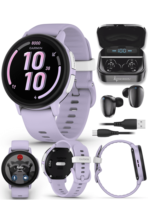 Garmin Bounce 2 Kids Smartwatch with LTE  Two-Way Calling, Text Messaging, Real-Time GPS Tracking, Swim-Friendly AMOLED Display, Music, Light Purple w/Wearable4U Black EarBuds Bundle