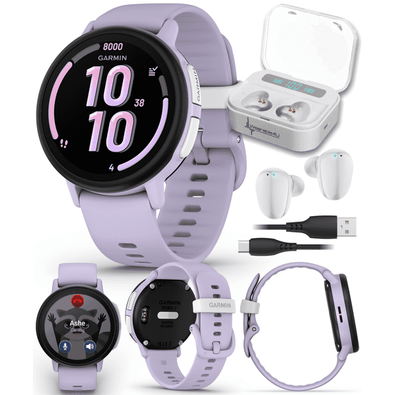 Garmin Bounce 2 Kids Smartwatch with LTE  Two-Way Calling, Text Messaging, Real-Time GPS Tracking, Swim-Friendly AMOLED Display, Music, Light Purple w/Wearable4U White EarBuds Bundle