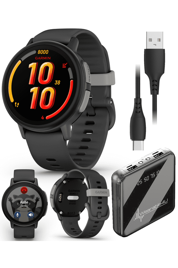 Garmin Bounce 2 Kids Smartwatch with LTE  Two-Way Calling, Text Messaging, Real-Time GPS Tracking, Swim-Friendly AMOLED Display, Music, Slate Gray w/Wearable4U PowerBank Bundle