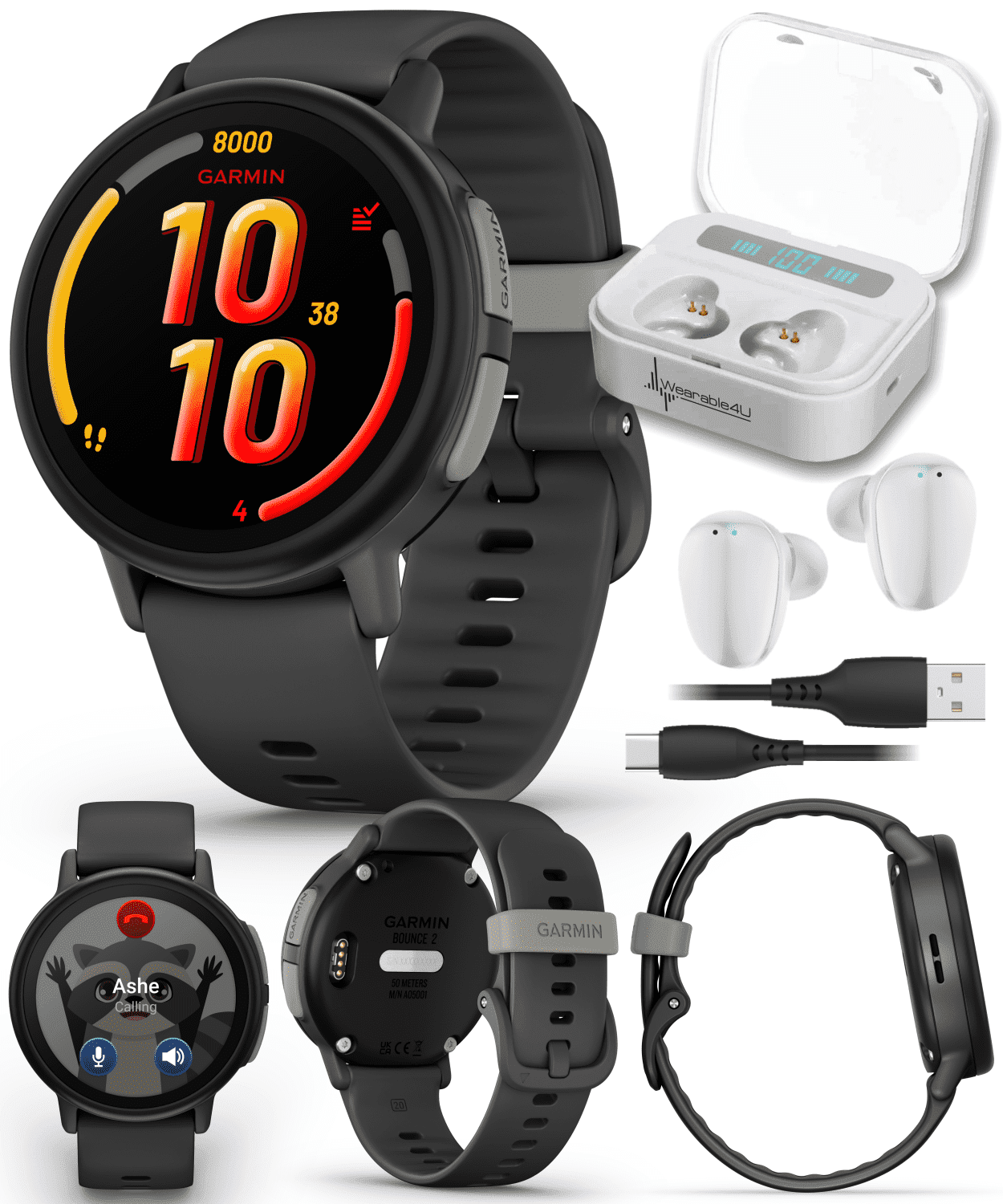 Garmin Bounce 2 Kids Smartwatch with LTE – Two-Way Calling, Text Messaging, Real-Time GPS Tracking, Swim-Friendly AMOLED Display, Music, Slate Gray w/Wearable4U White EarBuds Bundle