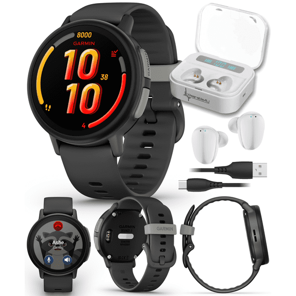 Garmin Bounce 2 Kids Smartwatch with LTE  Two-Way Calling, Text Messaging, Real-Time GPS Tracking, Swim-Friendly AMOLED Display, Music, Slate Gray w/Wearable4U White EarBuds Bundle