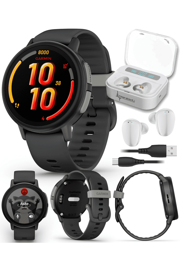 Garmin Bounce 2 Kids Smartwatch with LTE  Two-Way Calling, Text Messaging, Real-Time GPS Tracking, Swim-Friendly AMOLED Display, Music, Slate Gray w/Wearable4U White EarBuds Bundle