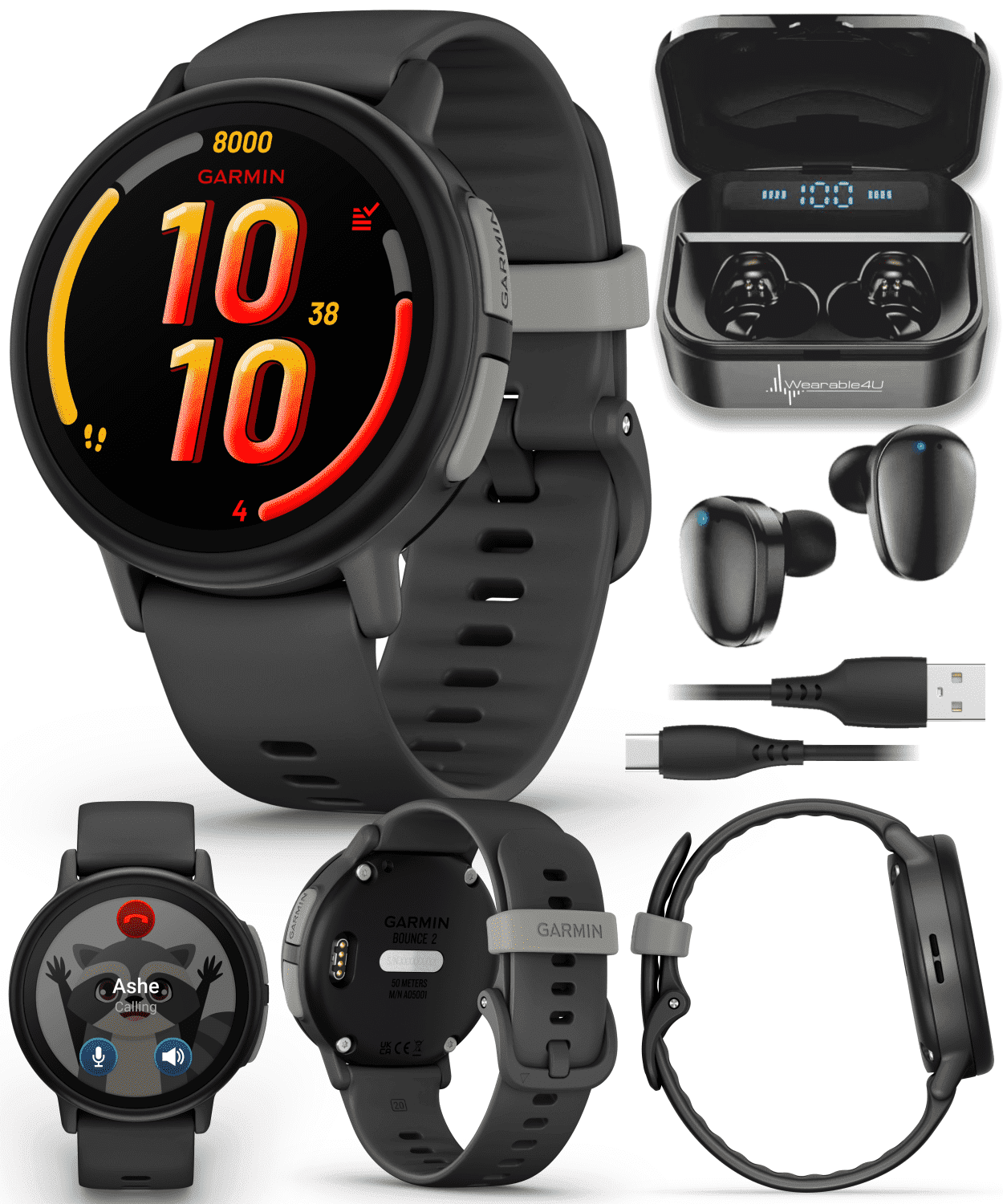 Garmin Bounce 2 Kids Smartwatch with LTE – Two-Way Calling, Text Messaging, Real-Time GPS Tracking, Swim-Friendly AMOLED Display, Music, Slate Gray w/Wearable4U Black EarBuds Bundle
