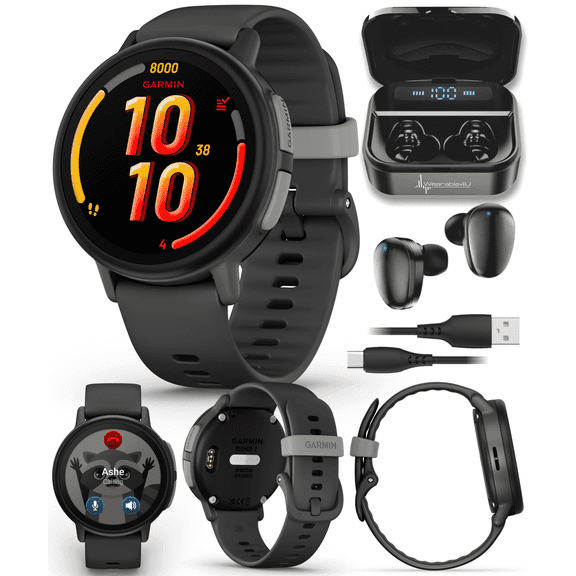 Garmin Bounce 2 Kids Smartwatch with LTE  Two-Way Calling, Text Messaging, Real-Time GPS Tracking, Swim-Friendly AMOLED Display, Music, Slate Gray w/Wearable4U Black EarBuds Bundle