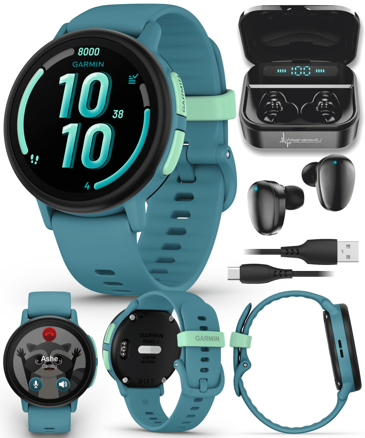Garmin Bounce 2 Kids Smartwatch with LTE – Two-Way Calling, Text Messaging, Real-Time GPS Tracking, Swim-Friendly AMOLED Display, Music, Turquoise w/Wearable4U Black EarBuds Bundle