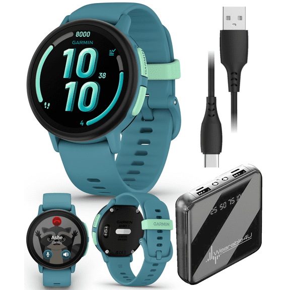 Garmin Bounce 2 Kids Smartwatch with LTE  Two-Way Calling, Text Messaging, Real-Time GPS Tracking, Swim-Friendly AMOLED Display, Music, Turquoise w/Wearable4U PowerBank Bundle