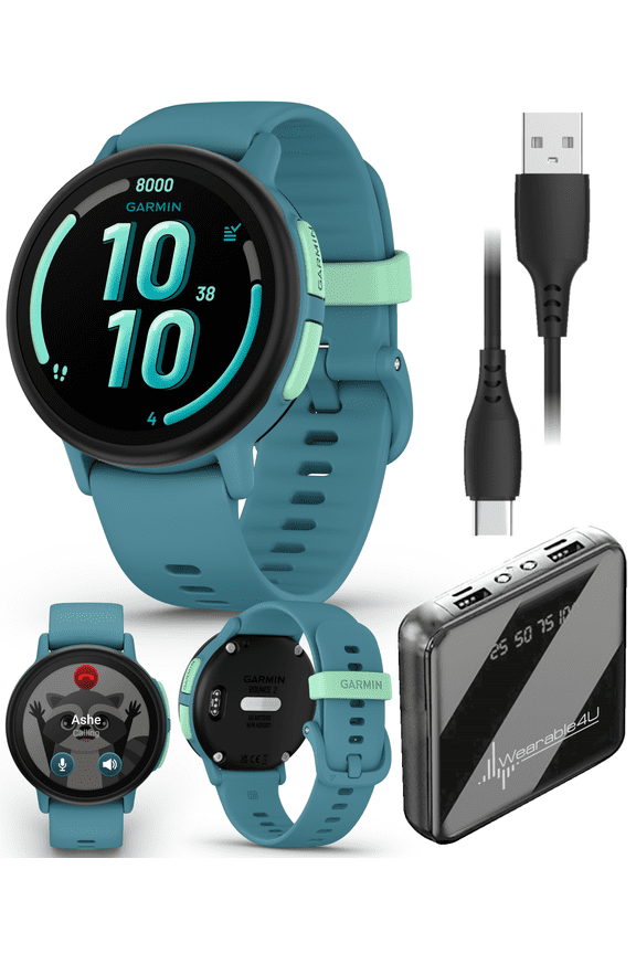 Garmin Bounce 2 Kids Smartwatch with LTE  Two-Way Calling, Text Messaging, Real-Time GPS Tracking, Swim-Friendly AMOLED Display, Music, Turquoise w/Wearable4U PowerBank Bundle