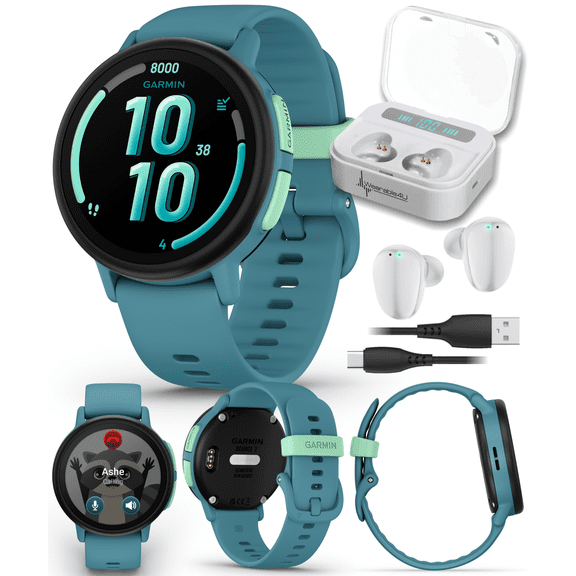 Garmin Bounce 2 Kids Smartwatch with LTE  Two-Way Calling, Text Messaging, Real-Time GPS Tracking, Swim-Friendly AMOLED Display, Music, Turquoise w/Wearable4U White EarBuds Bundle