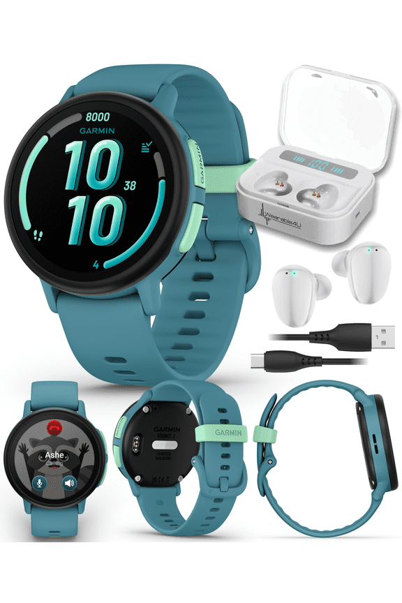 Garmin Bounce 2 Kids Smartwatch with LTE  Two-Way Calling, Text Messaging, Real-Time GPS Tracking, Swim-Friendly AMOLED Display, Music, Turquoise w/Wearable4U White EarBuds Bundle