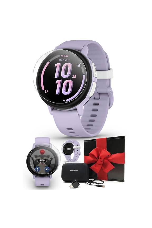 Garmin Bounce 2 (Light Purple) Kids GPS Smartwatch Gift Box Bundle with PlayBetter HD Screen Protectors, Wall Adapter & Hard Case