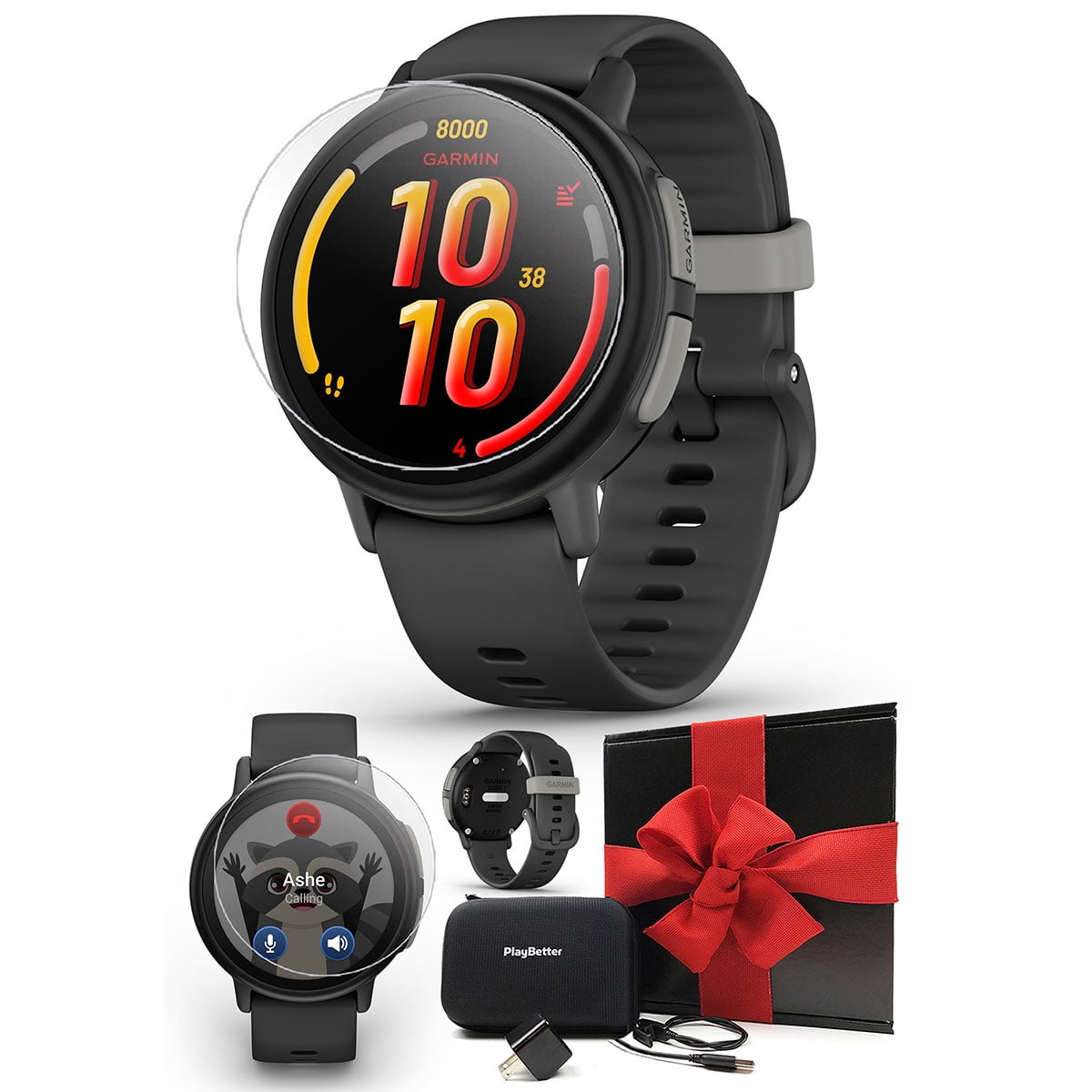 Garmin Bounce 2 (Slate Gray) Kids GPS Smartwatch Gift Box Bundle with PlayBetter HD Screen Protectors, Wall Adapter & Hard Case