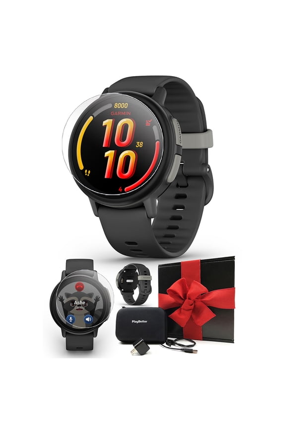 Garmin Bounce 2 (Slate Gray) Kids GPS Smartwatch Gift Box Bundle with PlayBetter HD Screen Protectors, Wall Adapter & Hard Case