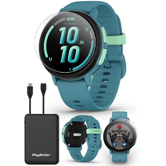 Garmin Bounce 2 (Turquoise) Kids GPS Smartwatch Bundle with PlayBetter Portable Charger & HD Screen Protectors